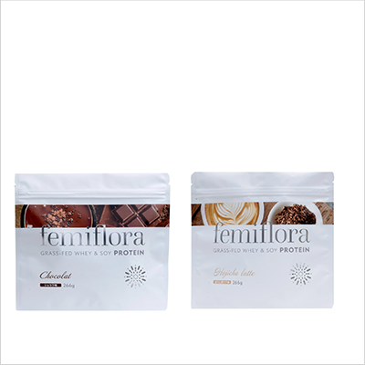 フェミフローラ グラスフェッド&ソイプロテイン ショコラ味・ほうじ茶ラテ味2種2個